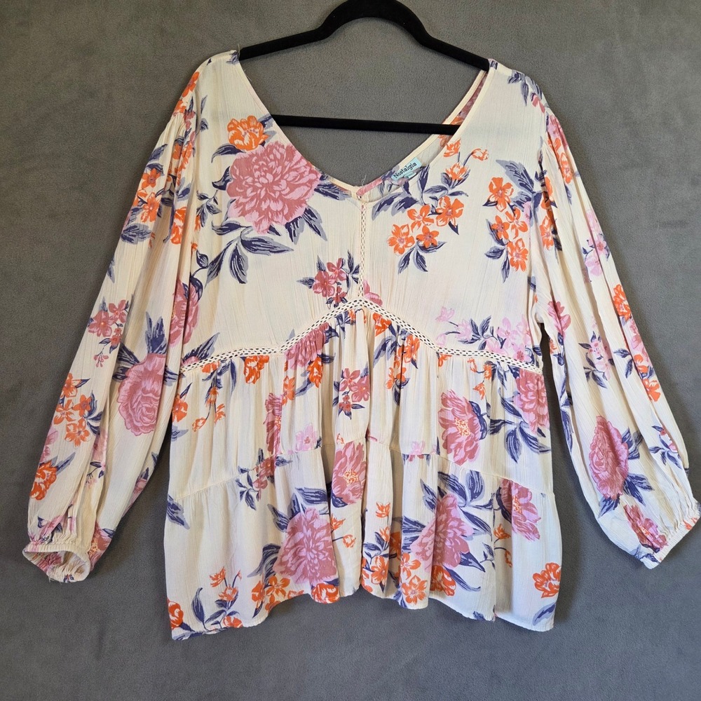 Nostalgia Babydoll Floral‎ Peasant Top Women's Large Boho Crochet Tiered Cottage